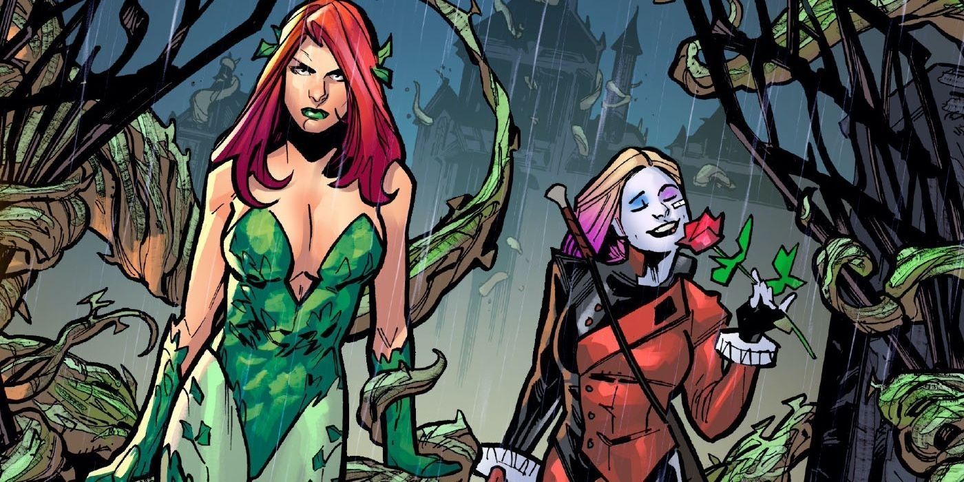 Poison Ivyscowling and Harley Quinn smelling a rose in DC Comics