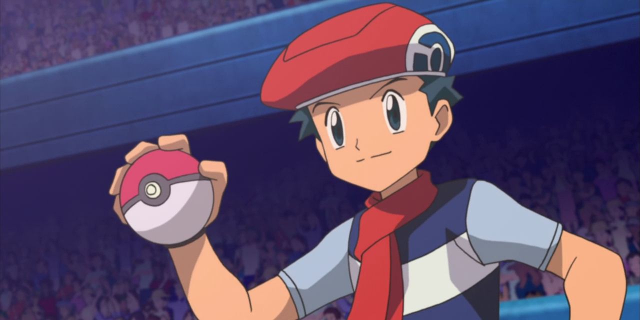 Lucas holds up a Pokeball during a Pokemon battle