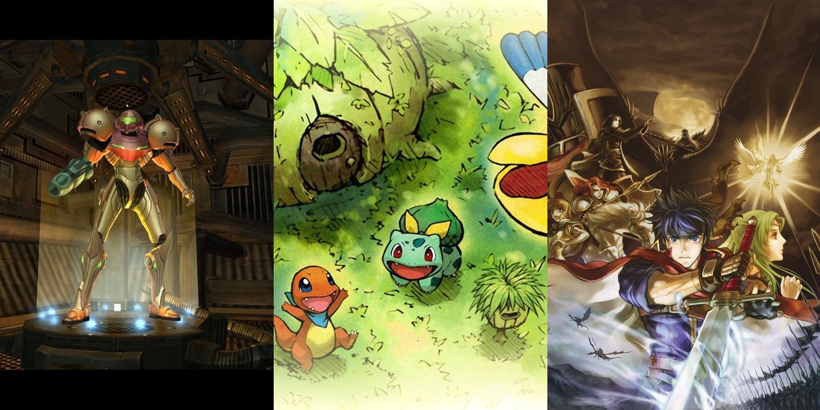 Featured image for an article about Nintendo games that need their own anime; a split image depicts Pokemon Mystery Dungeon, Metroid Prime, and Fire Emblem: Path of Radiance.