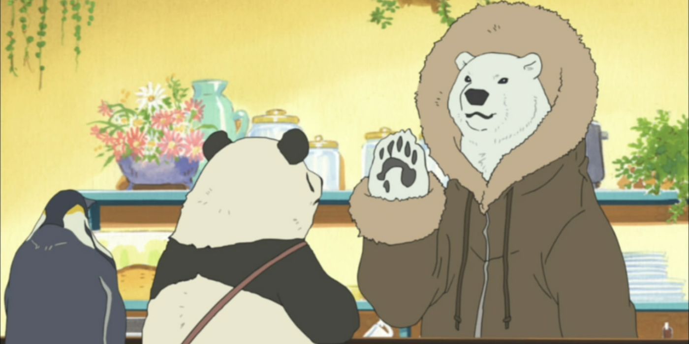 Shirokuma talking to Panda and Pengin in Polar Bear Cafe