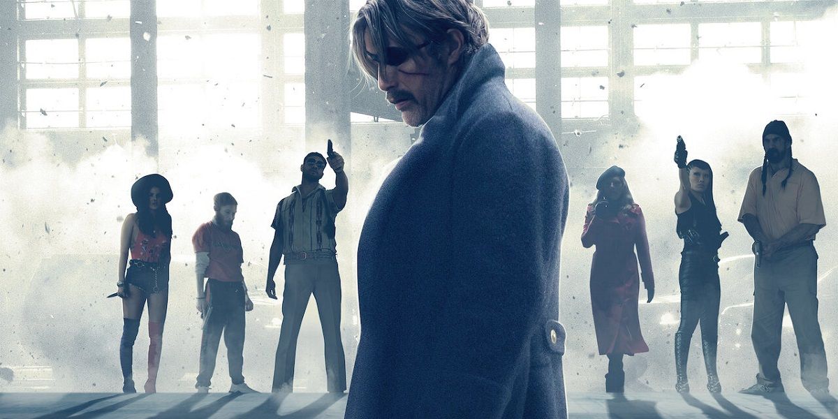 Netflix's Polar film cover, with all the assassins aiming to kill Mads Mikkelsen.