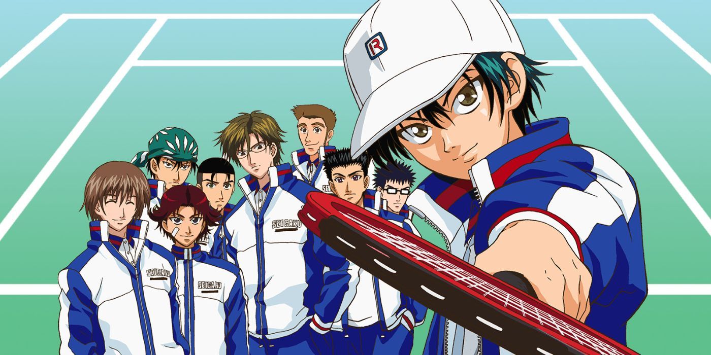 The main cast of the Prince of Tennis anime with Ryouma in front holding a racket
