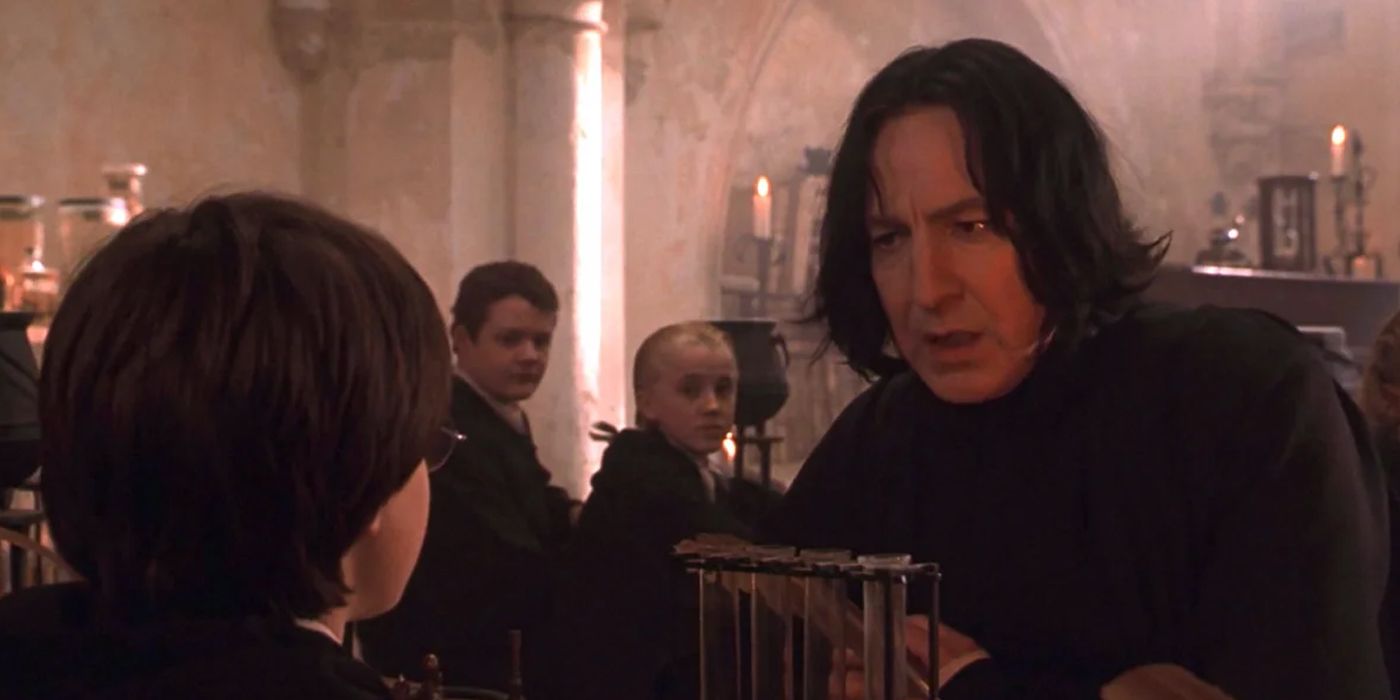 Professor Snape talking to Harry Potter during his first potions class in Harry Potter and the Sorcerer's Stone.