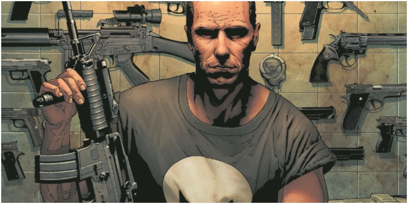 Marvel's Punisher In The Beginning surrounded by guns.