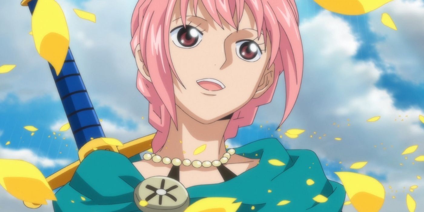 Rebecca the gladiator is in dressrosa as yellow petals fly around her.