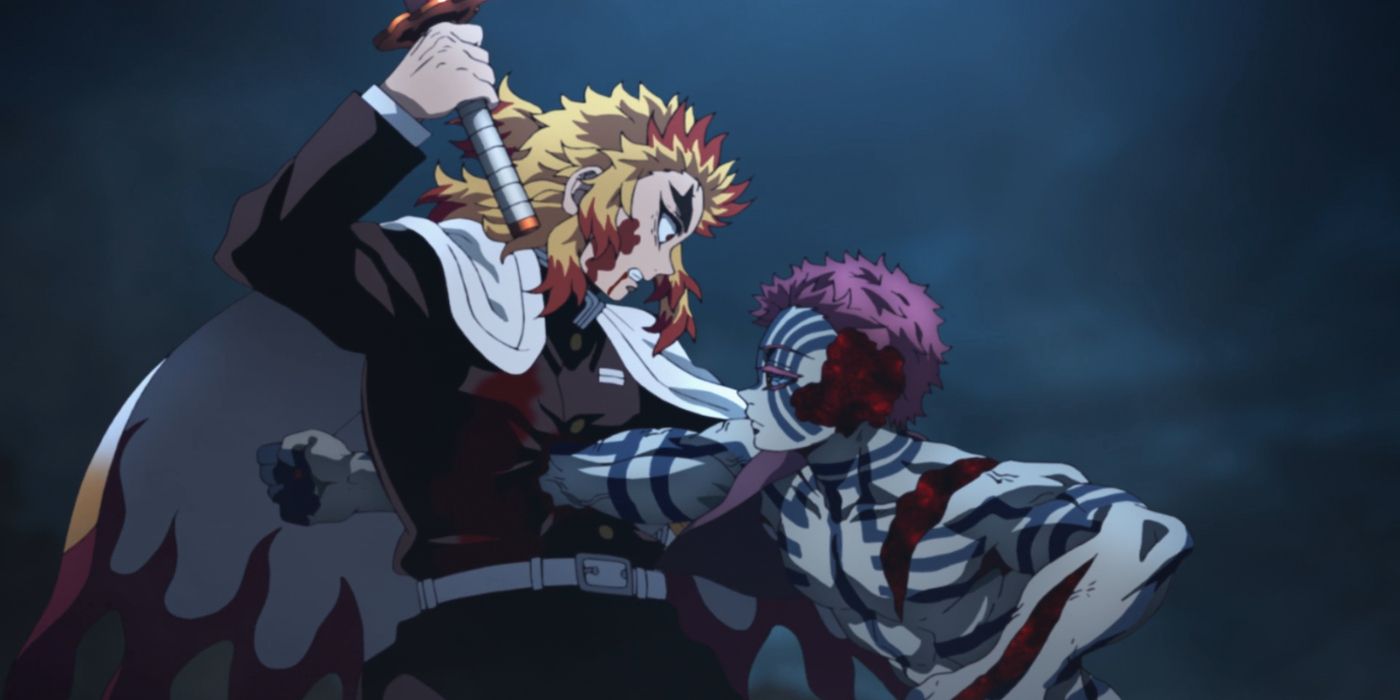 Akaza kills Rengoku in Demon Slayer: Kimetsu no Yaiba the Movie: Mugen Train.