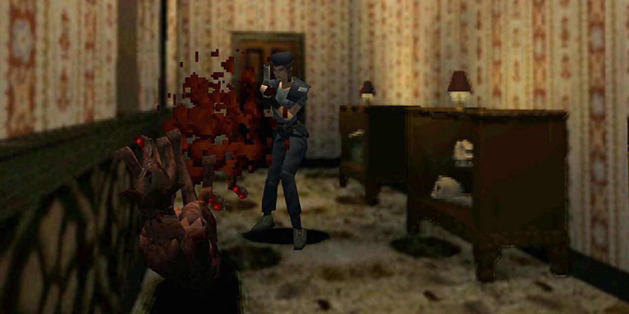 Jill Valentine shoots a zombie dog in Resident Evil 1