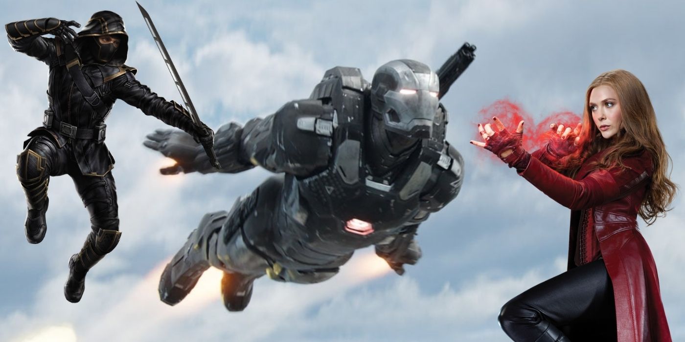 Scarlet Witch and Ronin are superimposed on an image of War Machine