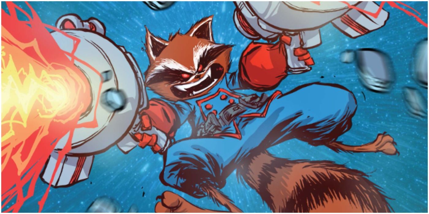 Rocket Raccoon Flying Backwards in Guardian's of the Galaxy in Marvel Comics