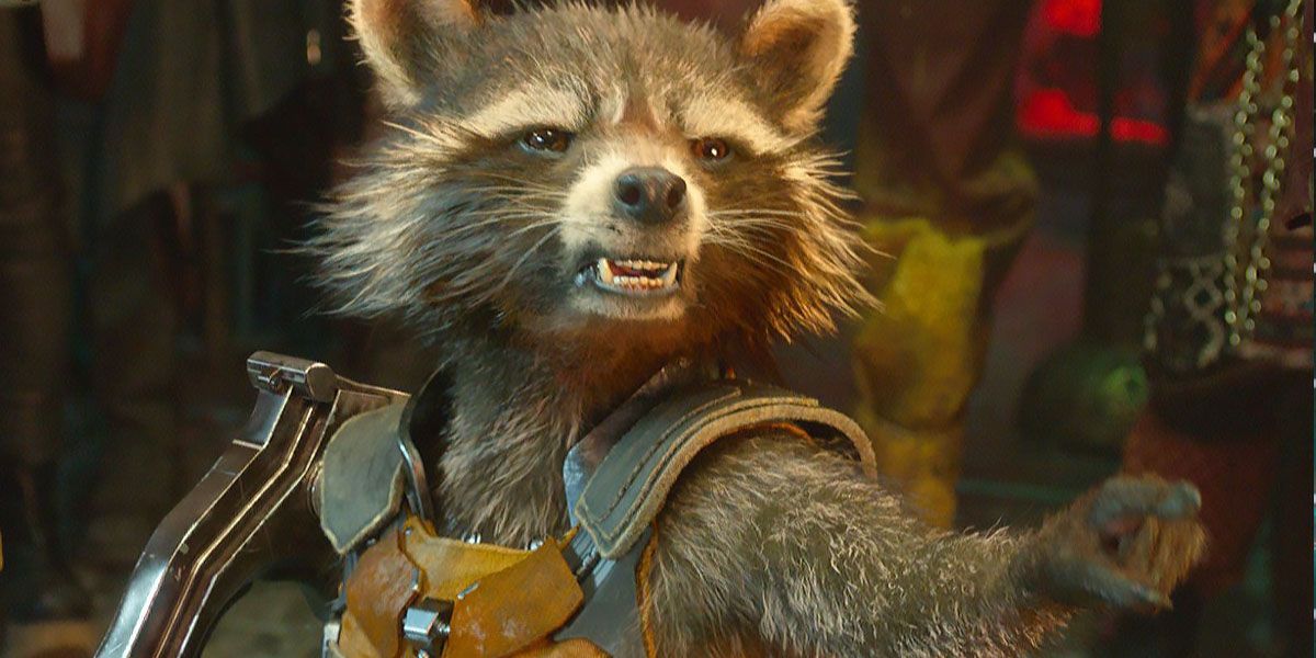Rocket Raccoon holding a weapon in Guardians of the Galaxy.