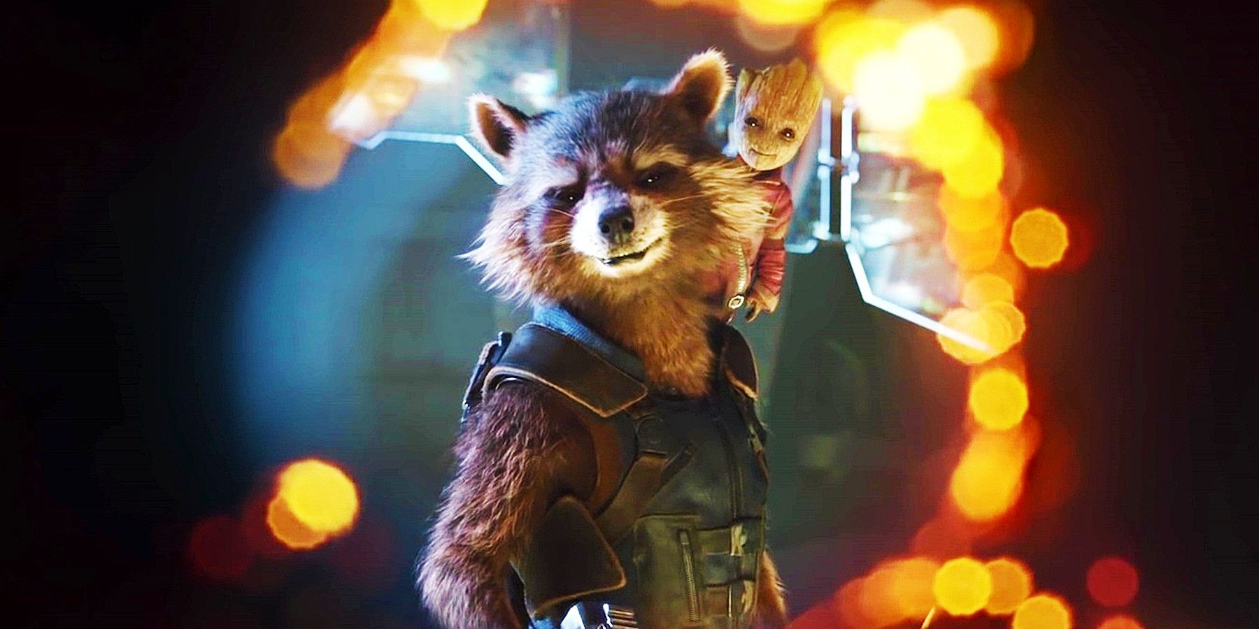 Rocket Raccoon and Groot are smiling while looking through a hole blasted into a wall.