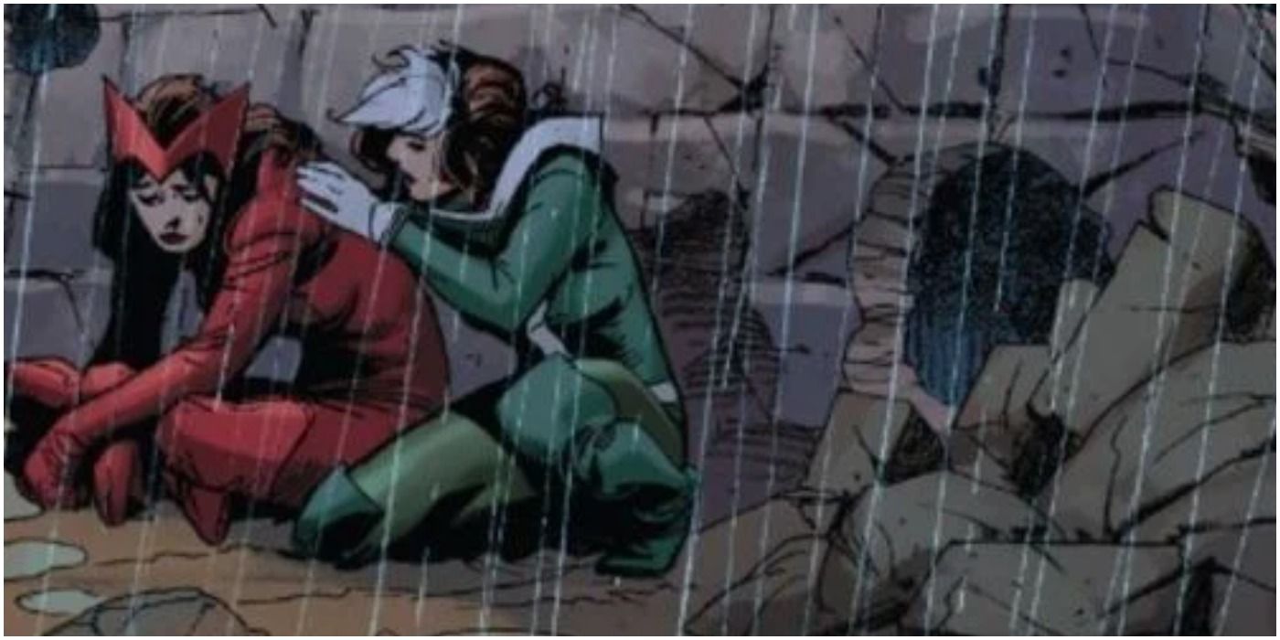 Rogue comforts Scarlet Witch in Marvel Comics