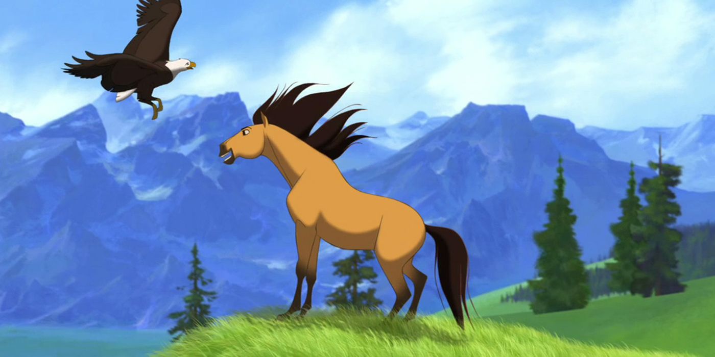 Spirit: Stallion of the Cimarron; horse and eagle screenshot running through fields