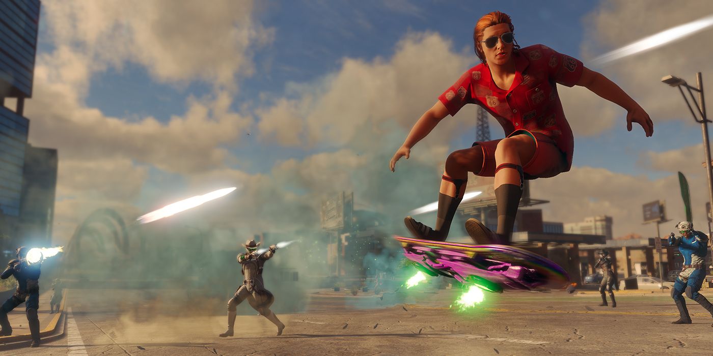 A character riding a hoverboard in the Saints Row reboot.