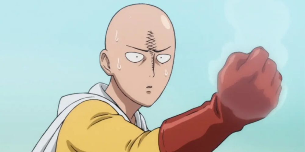 Saitama after punching an enemy to oblivion in One-Punch Man.