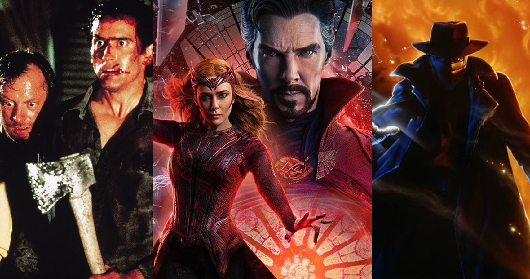 MCU/Sam Raimi: A combined feature image featuring three films directed by Sam Raimi: Evil Dead II, Doctor Strange in the Multiverse of Madness, and Darkman.