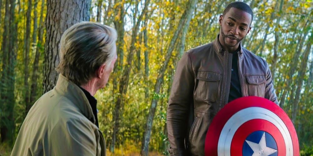 Old Steve Rogers gives Sam Wilson the Captain America shield in Avengers: Endgame.