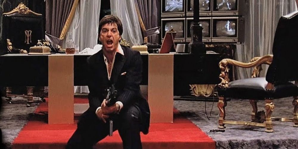 Tony Montana firing his grenade launcher in Scarface movie during the raid on his mansion