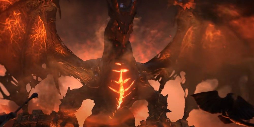 World of Warcraft Cataclysm, the dragon Deathwing atop the gates of Stormwind
