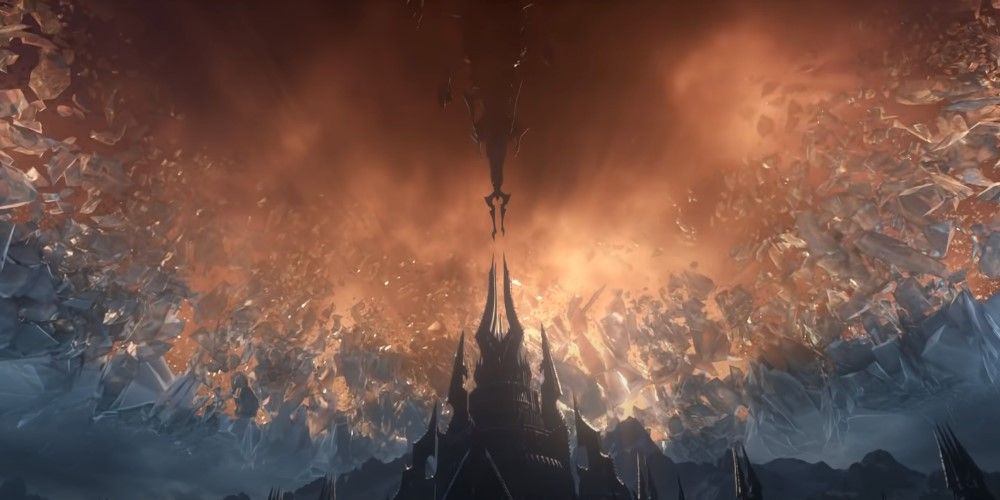 World of Warcraft Shadowlands cinematic, the shattered sky above Icecrown