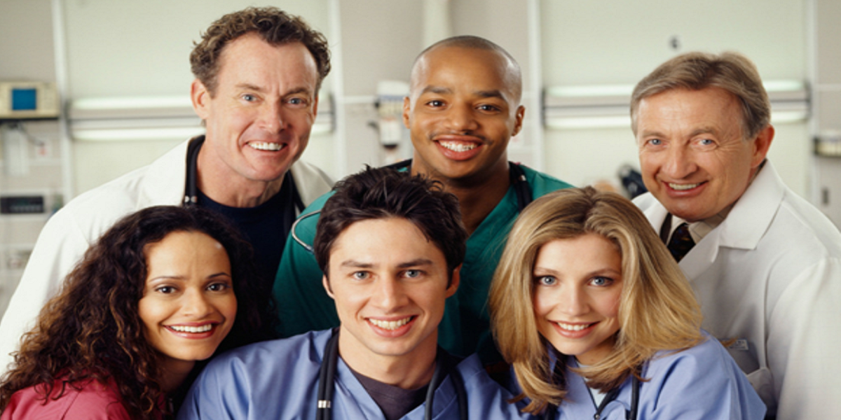 The main characters of Scrubs, top row featuring Dr. Cox, Turk, and Kelso, bottom row featuring Carla, JD, and Elliot.