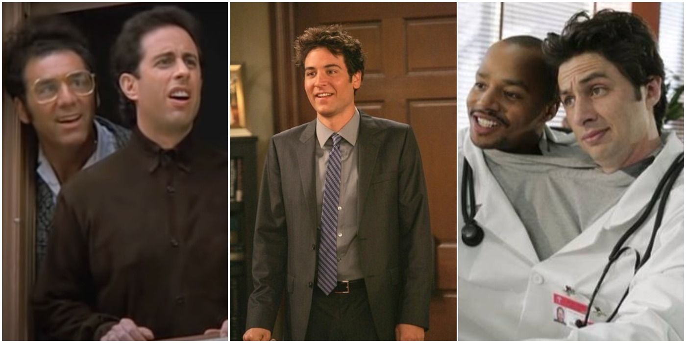 A split image of Kramer and Jerry from Seinfeld, Ted from HIMYM, and J.D. and Turk from Scrubs