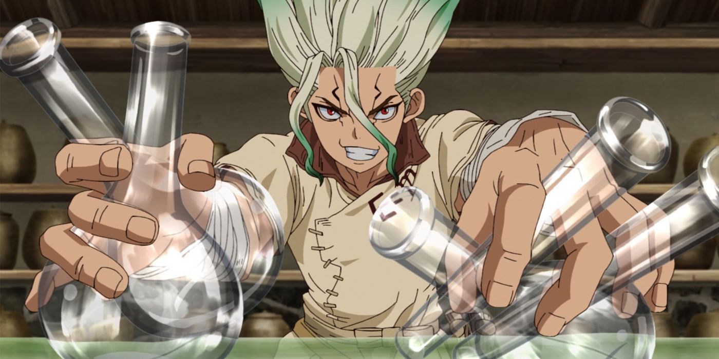 Senku holding test tubes in Dr. Stone anime