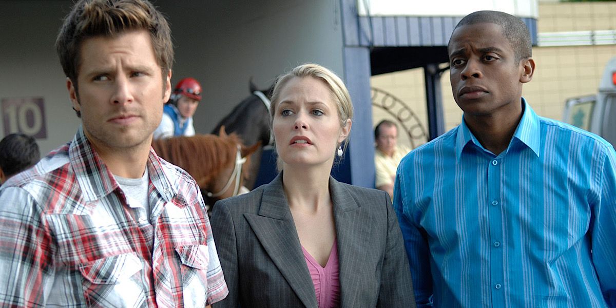 Shawn, Juliet, and Gus looking off to the side with horses behind them - Psych