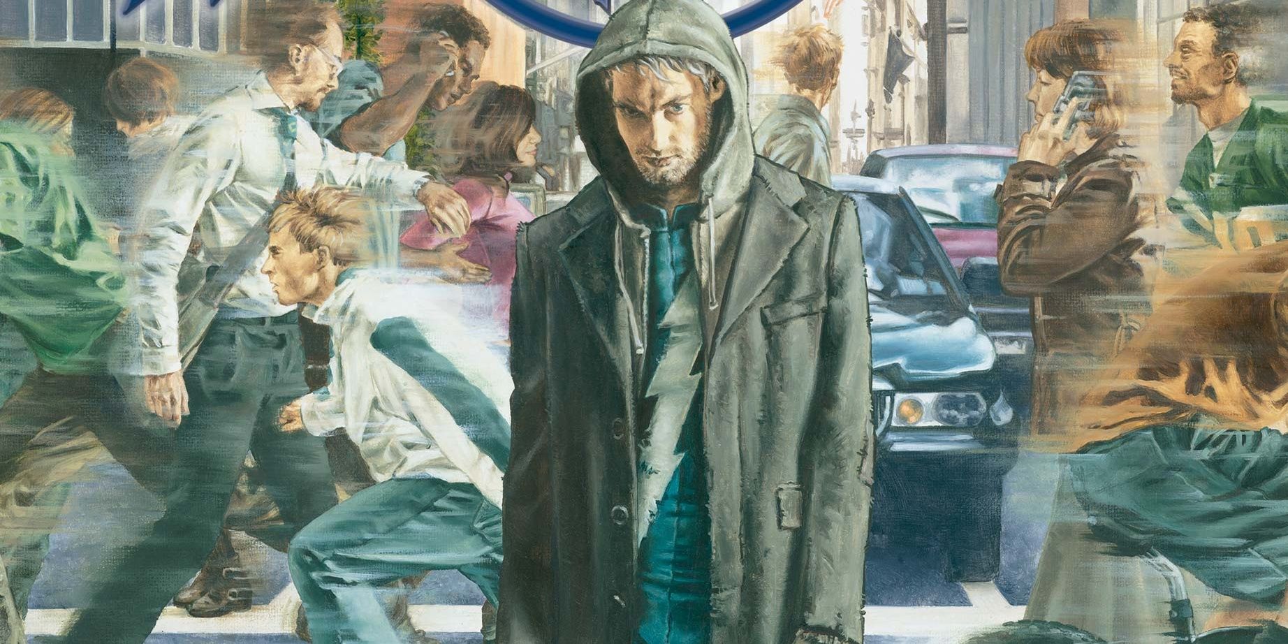 Son Of M cover featuring Quicksilver standing still wearing a hooded coat while citizens rush around him in a busy city.