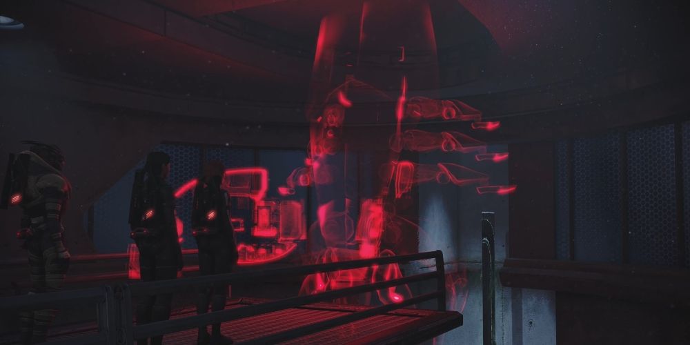 Sovereign speaks to Commander Shepard on Virmire in Mass Effect