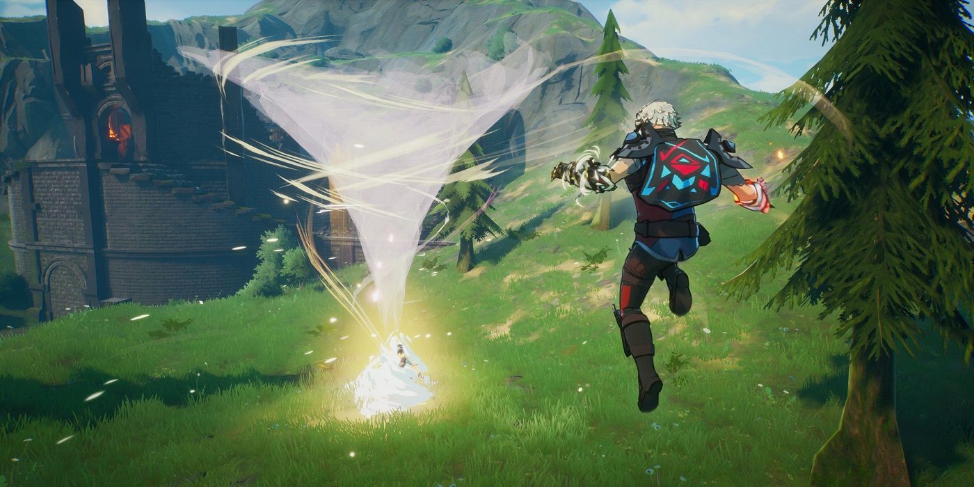 One of the Spellbreak characters flying and using their magic to send out a twister.