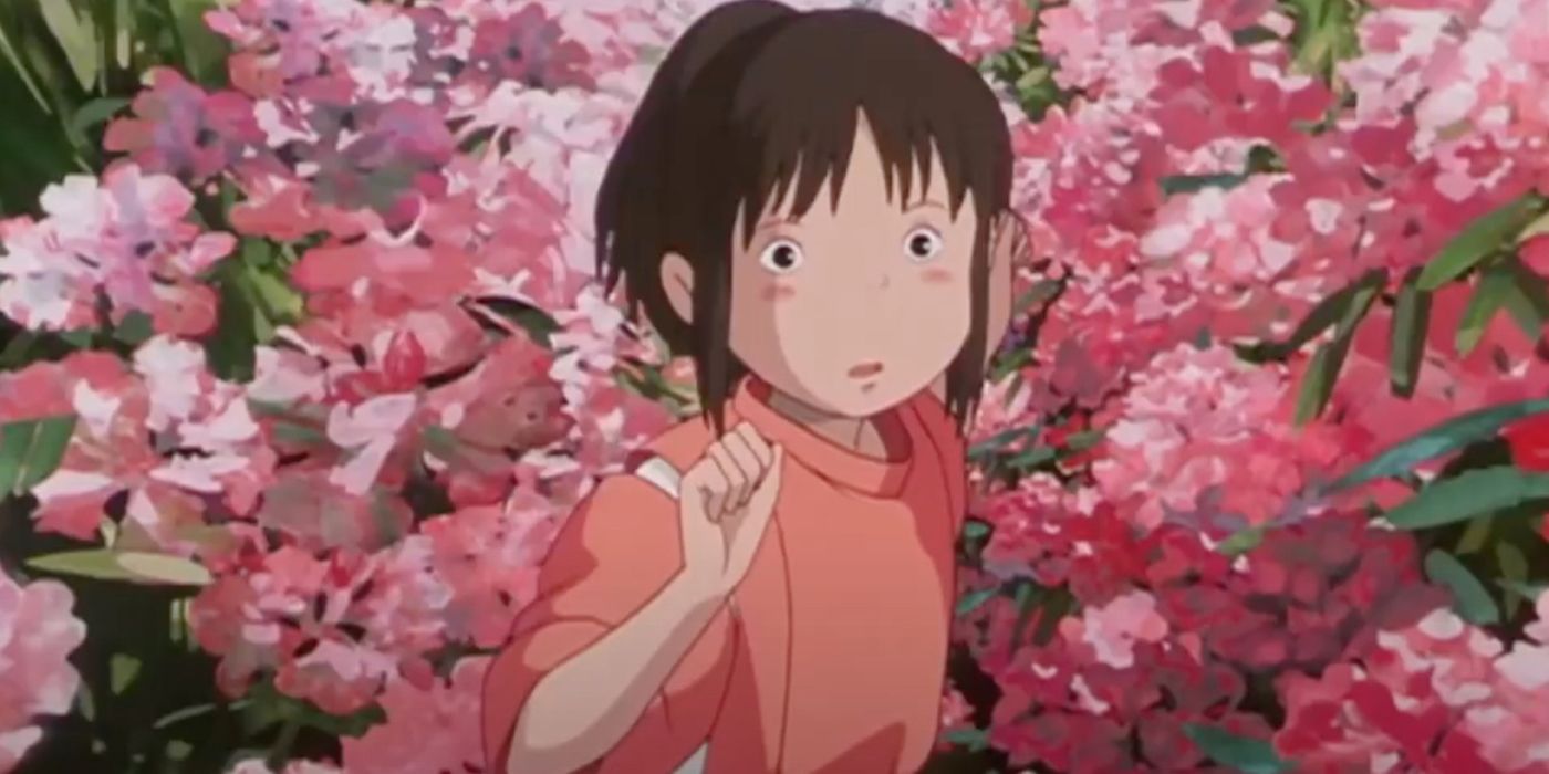 Chihiro running through CG flowers in Spirited Away.