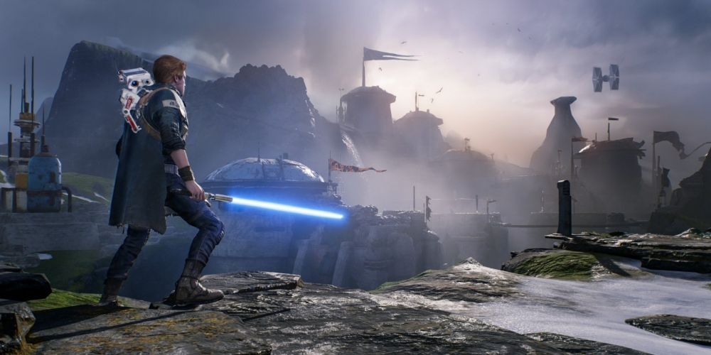 Cal Kestis with his lightsaber drawn in Star Wars Jedi: Fallen Order video game