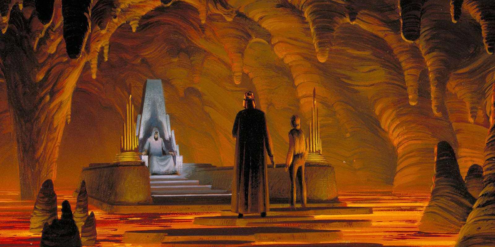 Ralph McQuarrie's concept art for the Emperor's throne room on Had Abbadon in Star Wars: Return of the Jedi.