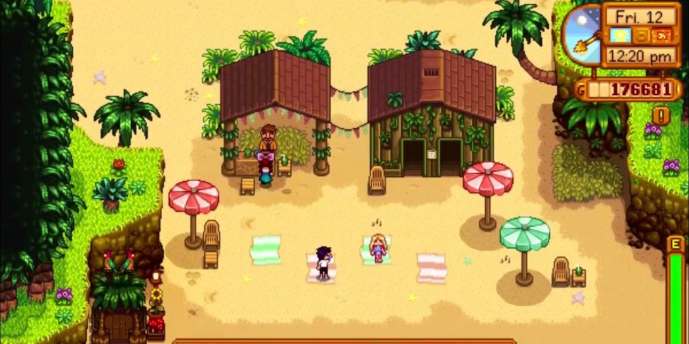 Screenshot depicting a bustling Beach Resort on Ginger Island, as seen in Stardew Valley.