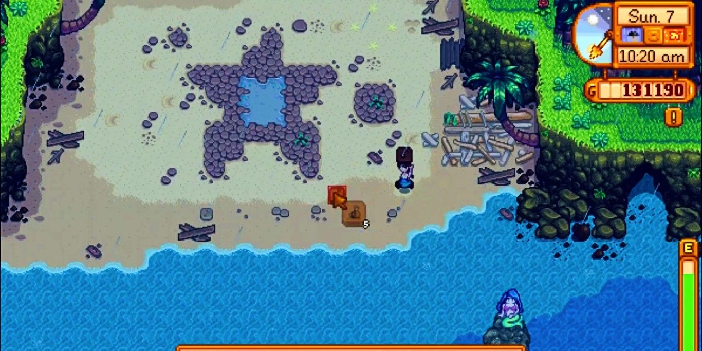 Screenshot depicting a Mermaid near the southeast shore of Ginger Island, as seen in Stardew Valley.