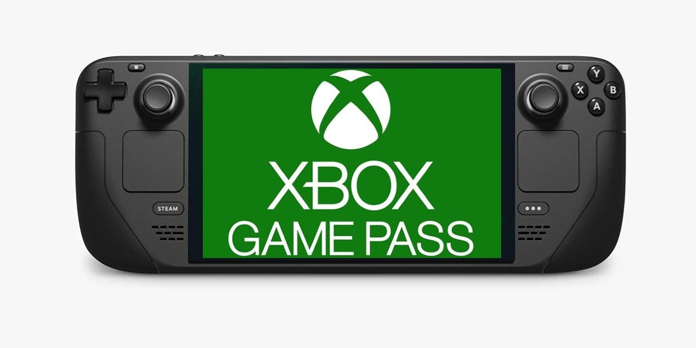 Valve’s Steam Deck against a plain white background sporting a screenshot of the Xbox Game Pass logo.
