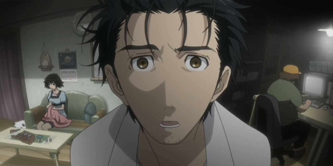 Okabe in a panic staring at camera in Steins;Gate.
