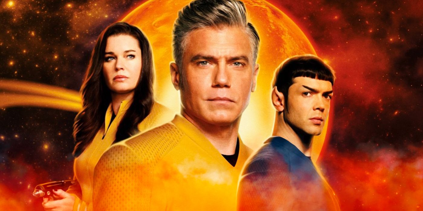 Star Trek: Strange New Worlds' Captain Pike, Number One and Spock in a promotional image.