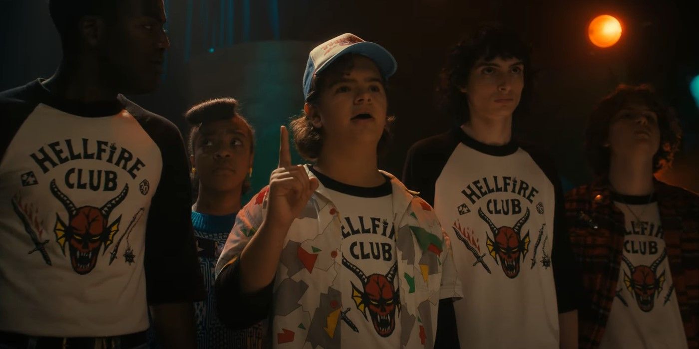 Stranger Things 4 – Dustin, Mike, and Erica wearing Hellfire Club t-shirts