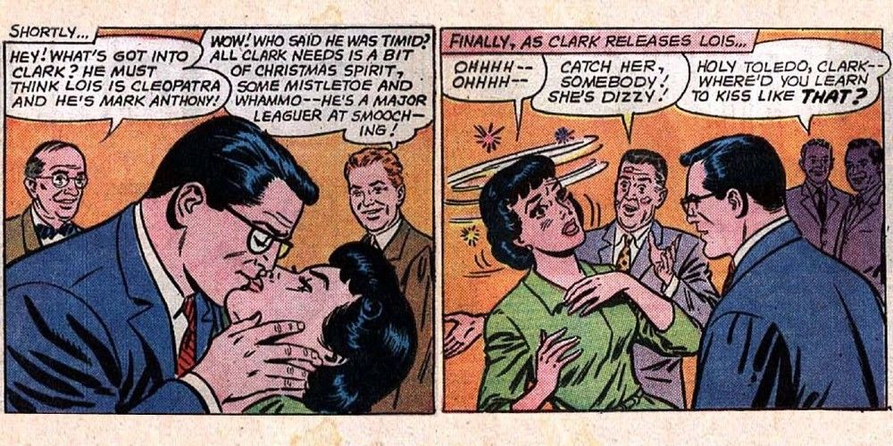 Superman uses Amnesia Kiss on Lois Lane at an office party
