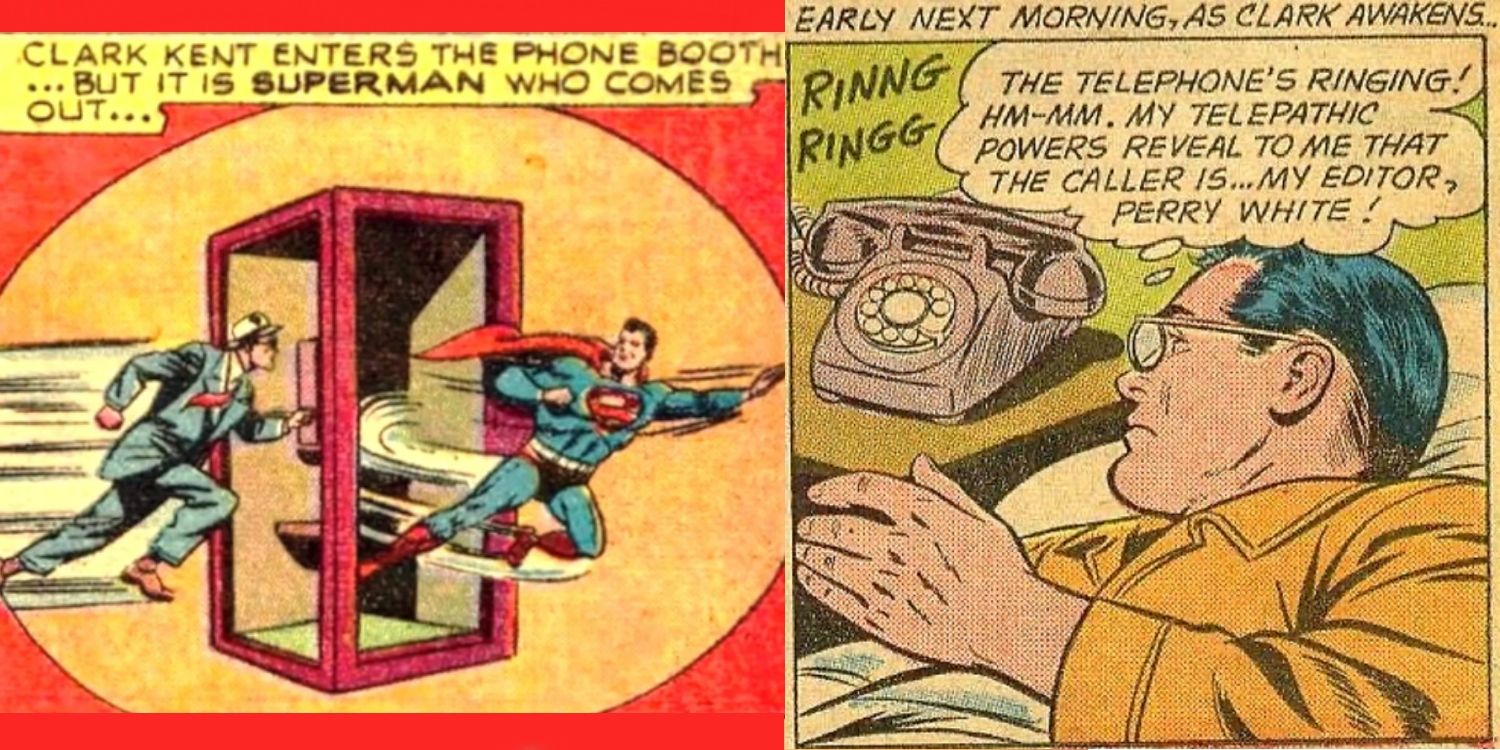 Left: Clark Kent changes into Superman using a phone booth. Right: Superman uses his telepathy to predict who is calling his phone.