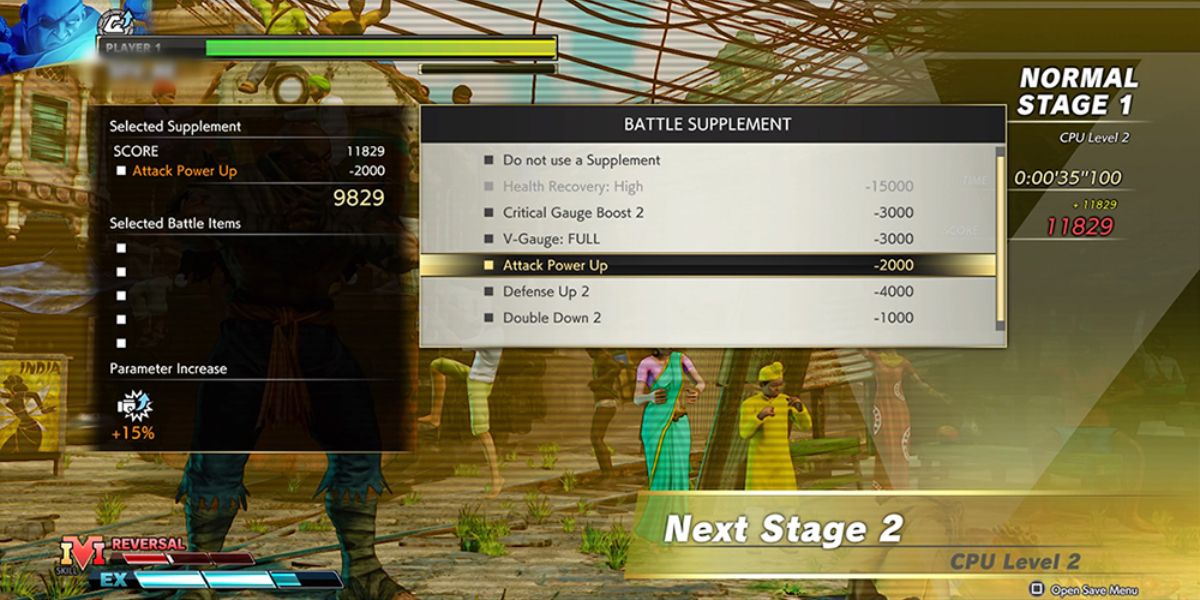 A player selects a battle supplement in the improved Survival Mode in Street Fighter V