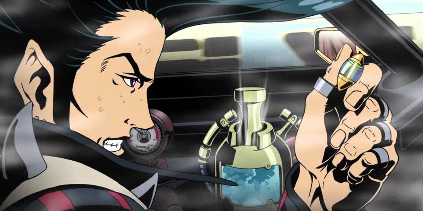 Sweet JP gritting his teeth and firing up his car in the anime movie Redline