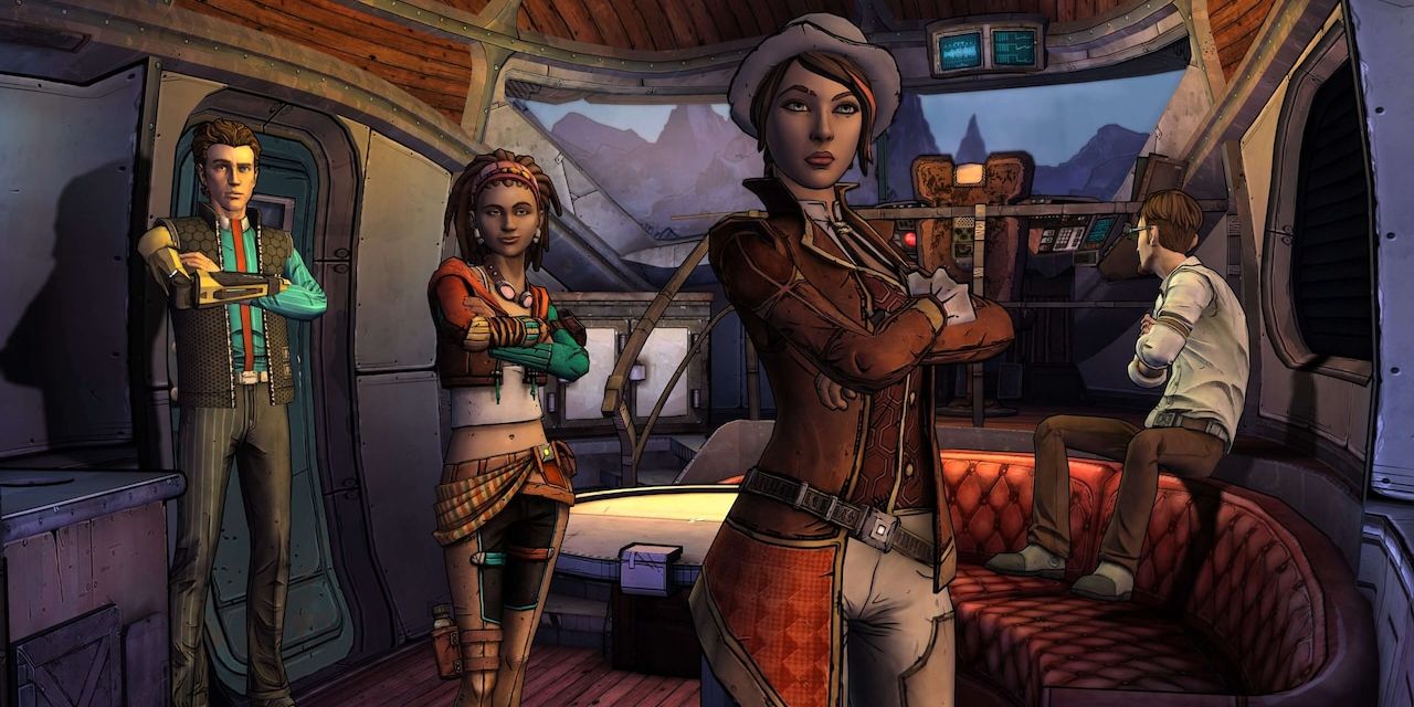 Rhys, Sasha, and Fiona appreciate new wall decor in Tales from the Borderlands with Vaugn in the background.