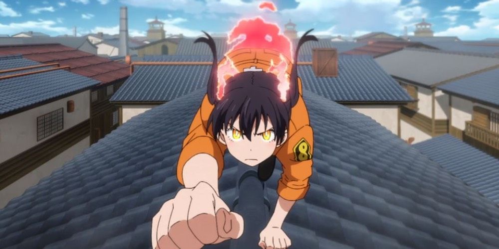 Tamaki Kotatsu using her twin tale flames and running on all fours on a roof top from Fire Force Anime