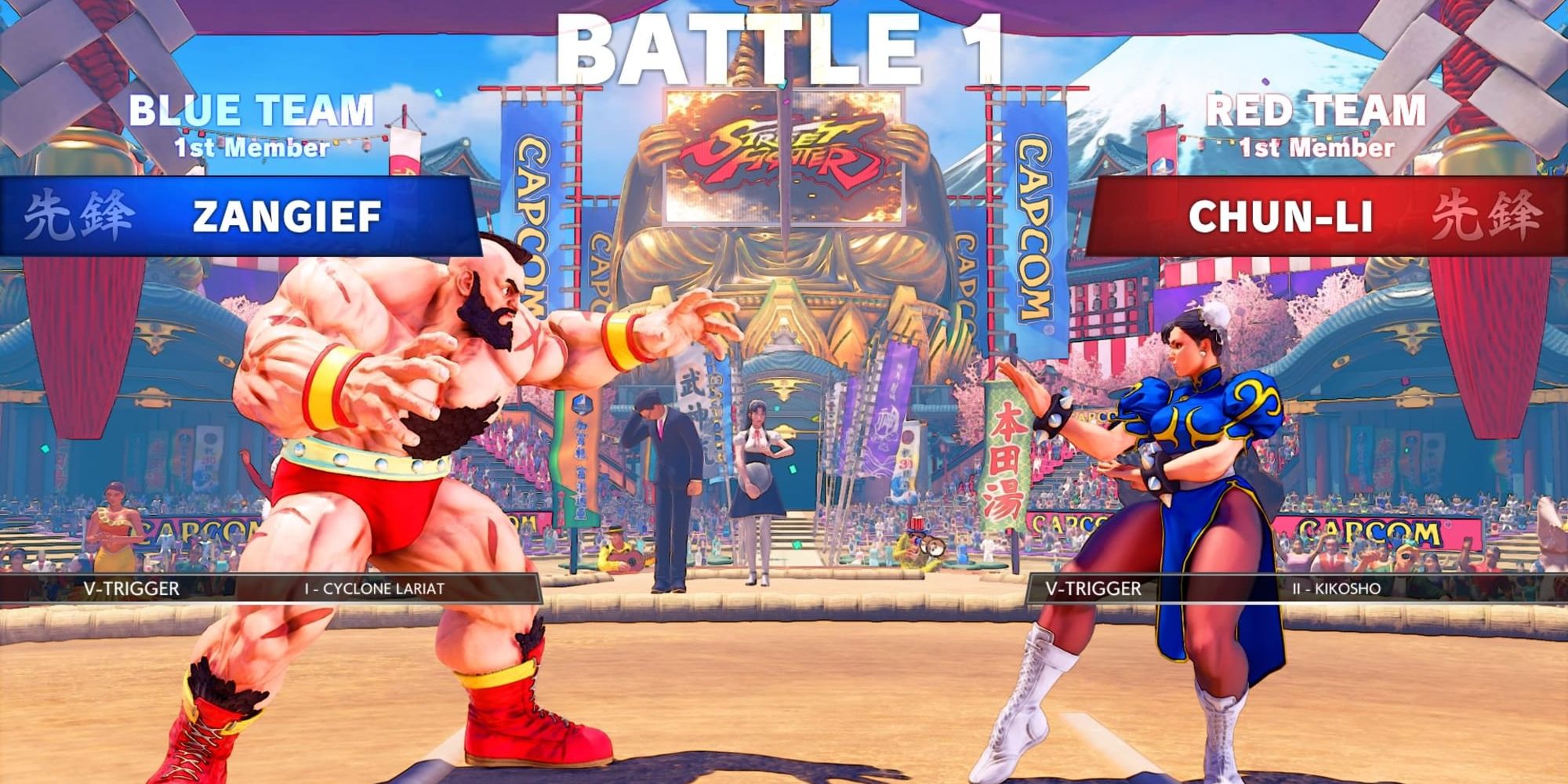 Zangief and Chun Li representing their teams in Team Battle in Street Fighter V