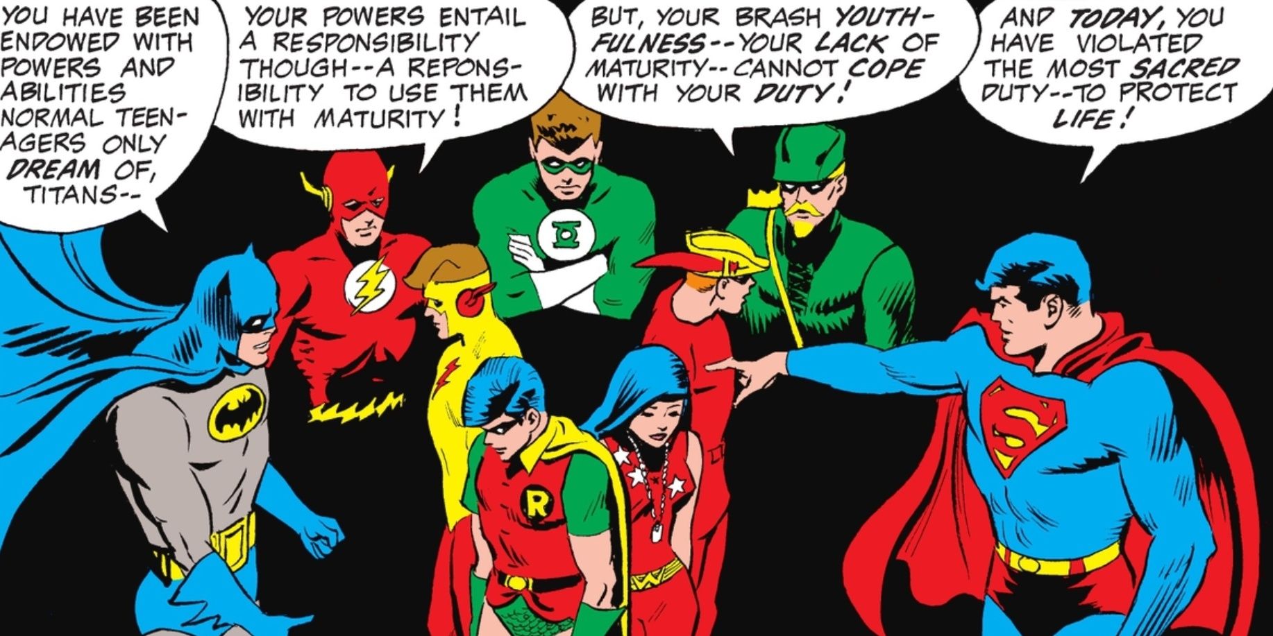 An image of Batman, Flash, Green Lantern, Green Arrow, Superman, Kid Flash, Robin, Wonder Girl, and Speedy.