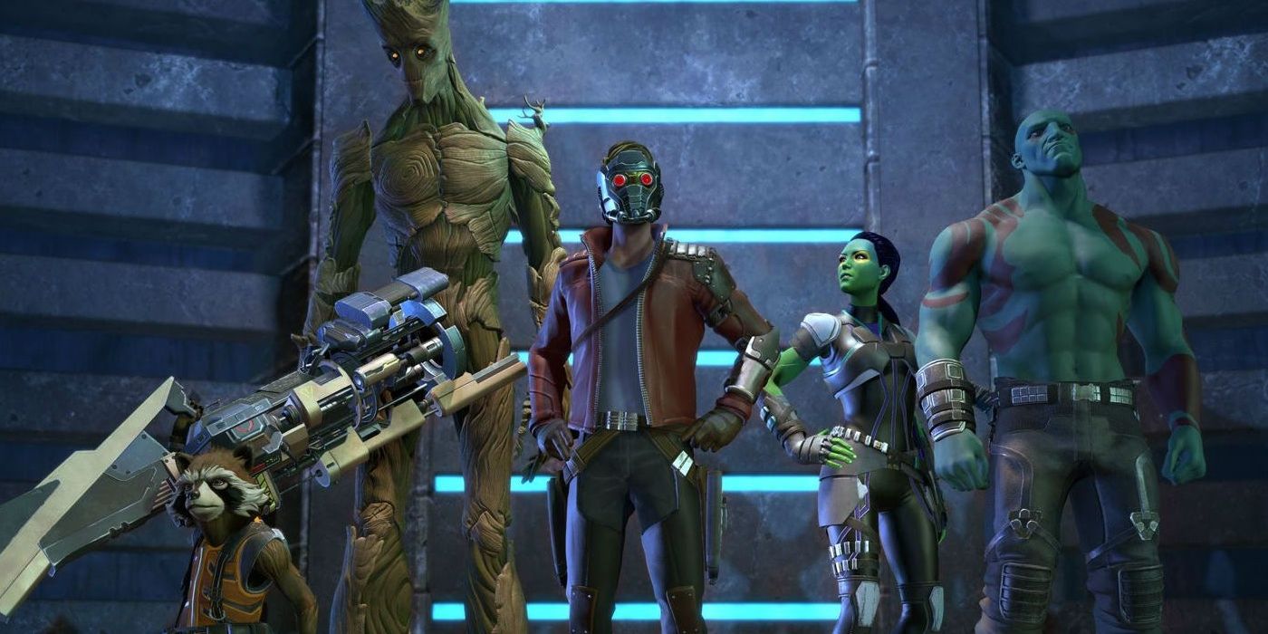 Rocket, Groot, Star-Lord, Gamora, and Drax in Telltale's Guardians of the Galaxy