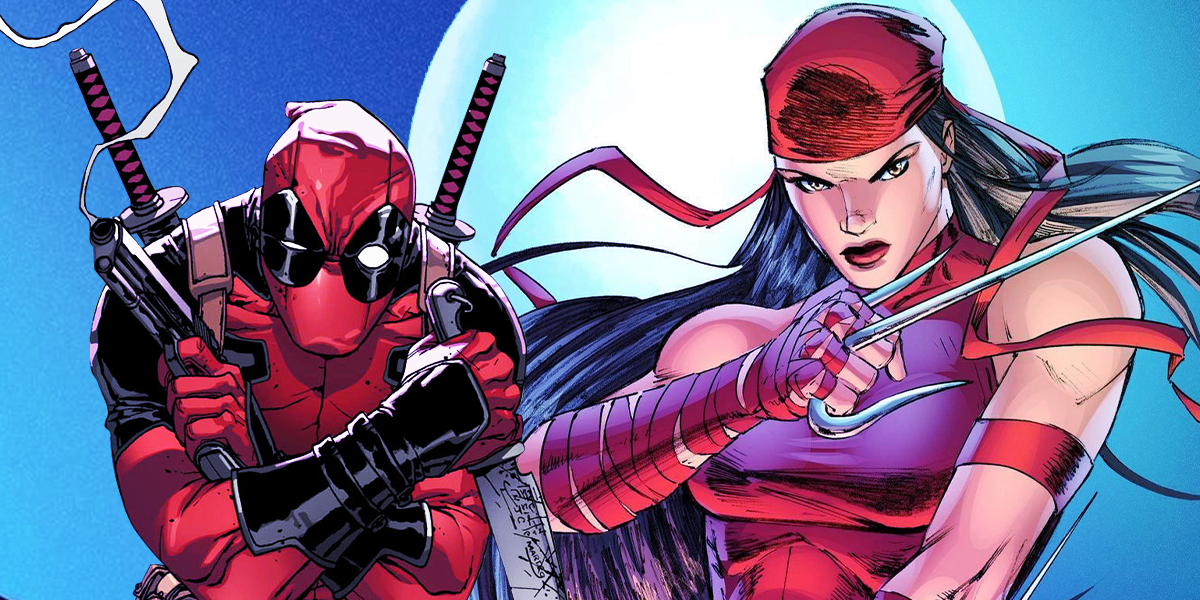 A collage of Deadpool and Elektra standing with their weapons drawn in Marvel Comics